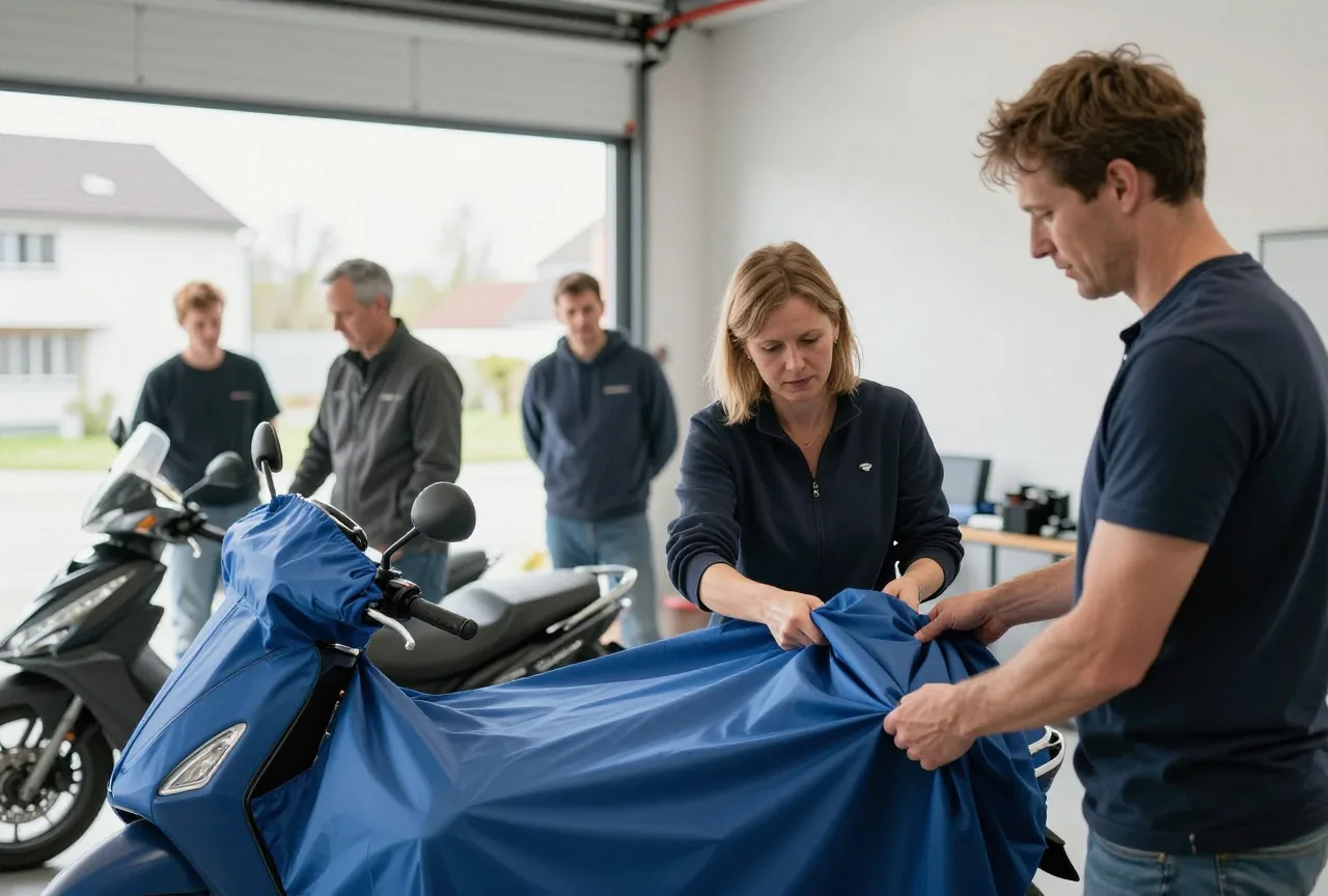 Eine Frau in den Fünfzigern zieht an einem Frühlingsmorgen in einer hellen Garage die Plane von einem Motorrad