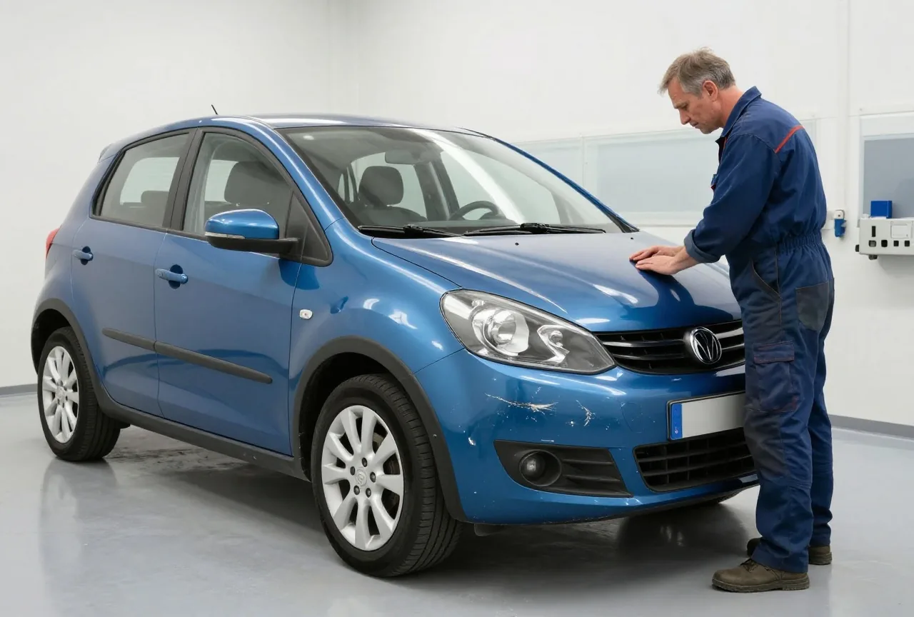 Ein Mechaniker in den Fünfzigern begutachtet in einer hellen Lackierwerkstatt ein Auto mit zerkratztem Kotflügel