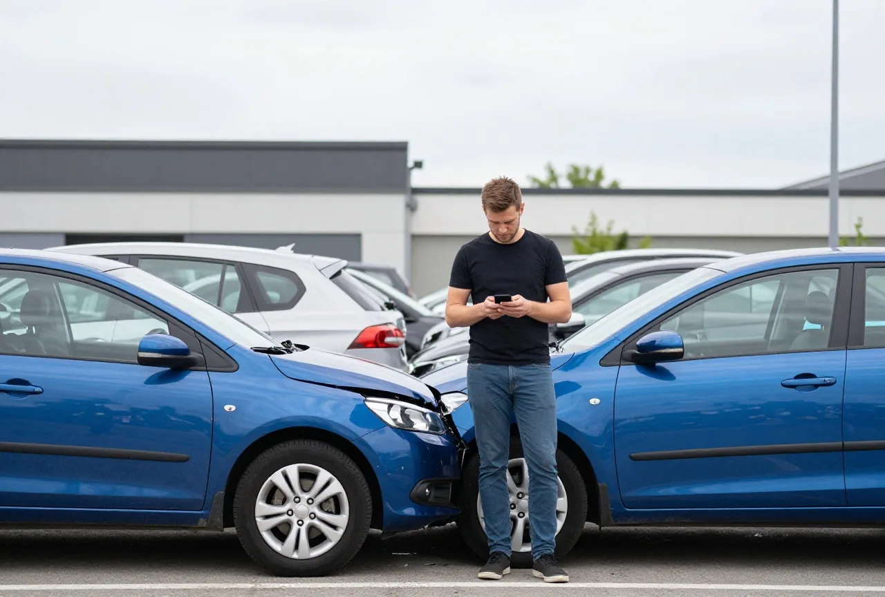 Ein Mann in den Dreißigern steht auf einem Parkplatz neben zwei leicht zusammengestoßenen Autos, das Smartphone in der Hand