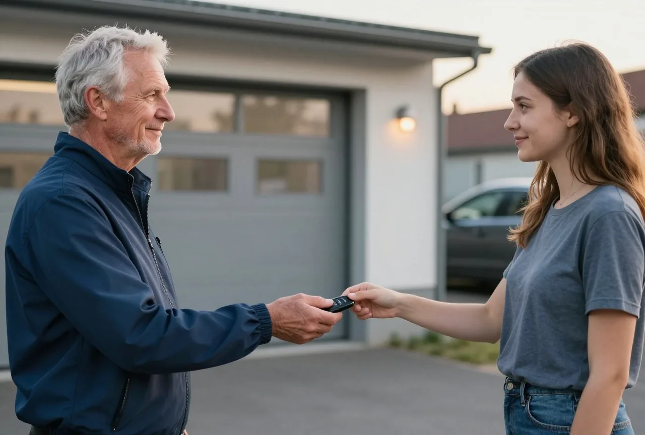 Ein Mann in den Sechzigern übergibt einer jungen Frau vor einer Garage einen Autoschlüssel im warmen Abendlicht