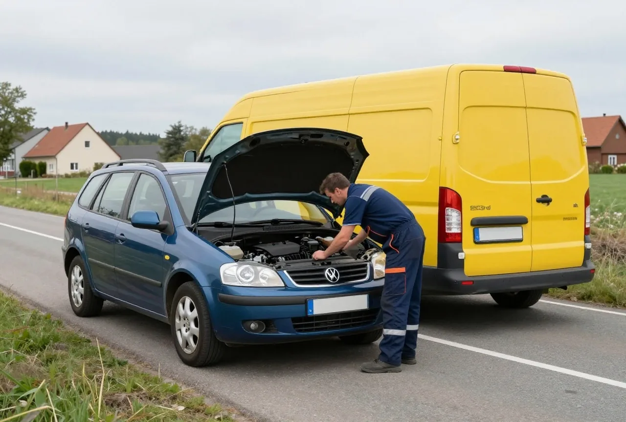Ein Pannenhilfsfahrzeug hinter einem liegengebliebenen Kombi, ein Mechaniker beugt sich über den offenen Motorraum