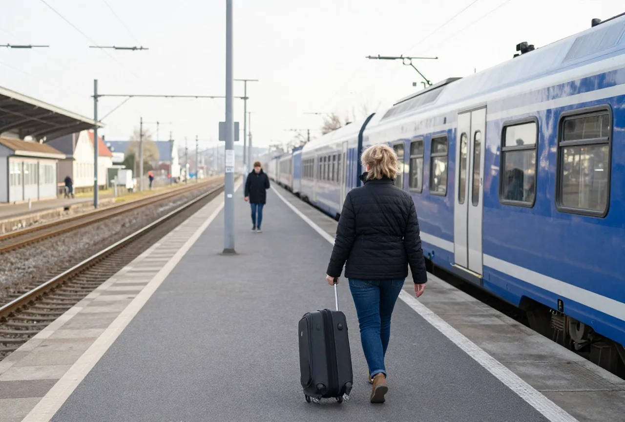 Eine Frau in den Fünfzigern zieht morgens einen Rollkoffer über einen fast leeren Bahnsteig, ein Regionalzug wartet
