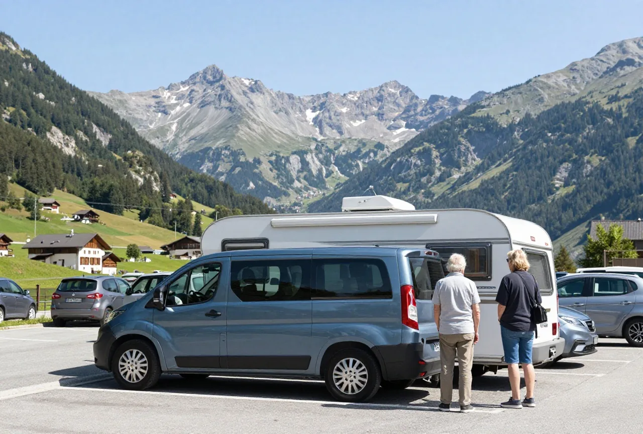 Ein Auto mit Wohnwagen auf einem Parkplatz an einem Alpenpass, daneben ein Paar in den Sechzigern mit Blick ins Tal