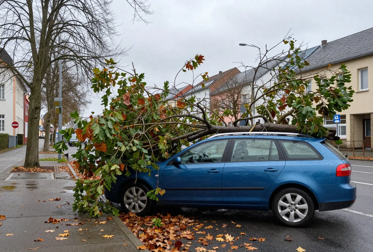 Ein großer Ast liegt nach einem Sturm quer auf dem Dach eines geparkten Kombis in einer Allee