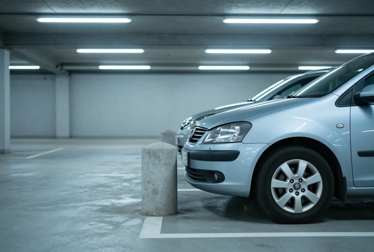 Ein silbernes Auto mit eingedrückter Frontschürze neben einem Betonpoller in einer Tiefgarage
