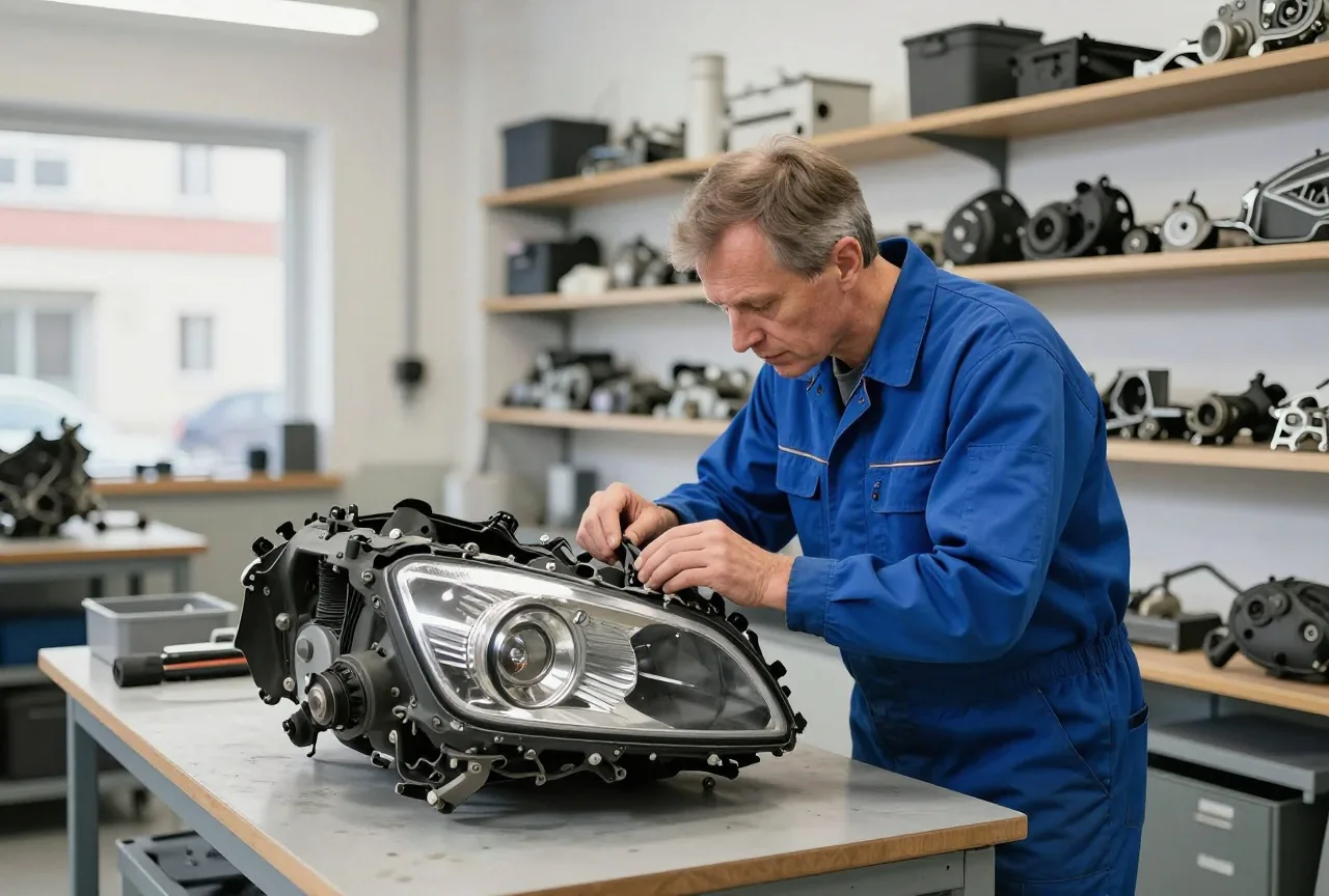 Ein Kfz-Mechaniker in den Fünfzigern prüft in einer hellen Werkstatt einen beschädigten Scheinwerfer auf der Werkbank