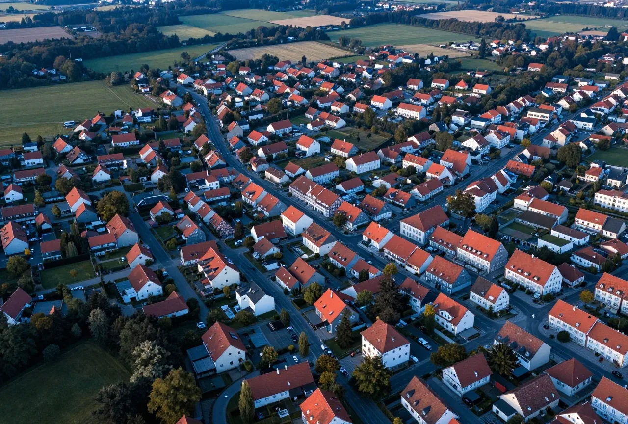 Luftbild einer kleinen Stadt mit roten Dächern zwischen Feldern und Wald, eine Landstraße schlängelt sich hindurch