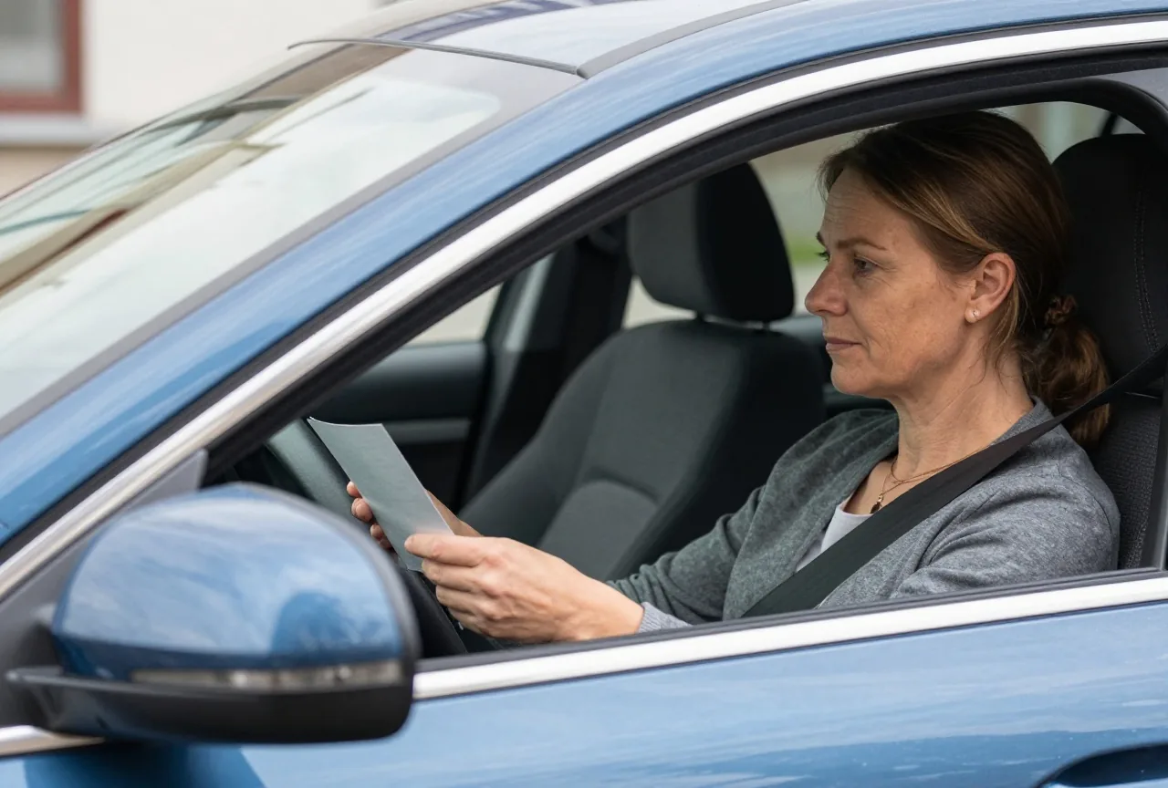 Eine Frau in den Vierzigern sitzt am Steuer eines geparkten Autos und hält einen gefalteten Fahrzeugschein in der Hand