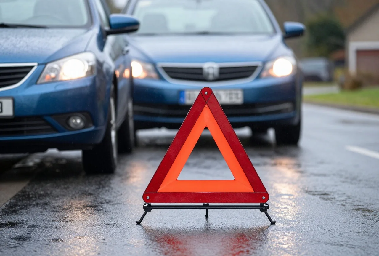 Ein rotes Warndreieck steht auf nassem Asphalt hinter einem haltenden Auto auf einer Landstraße im Regen