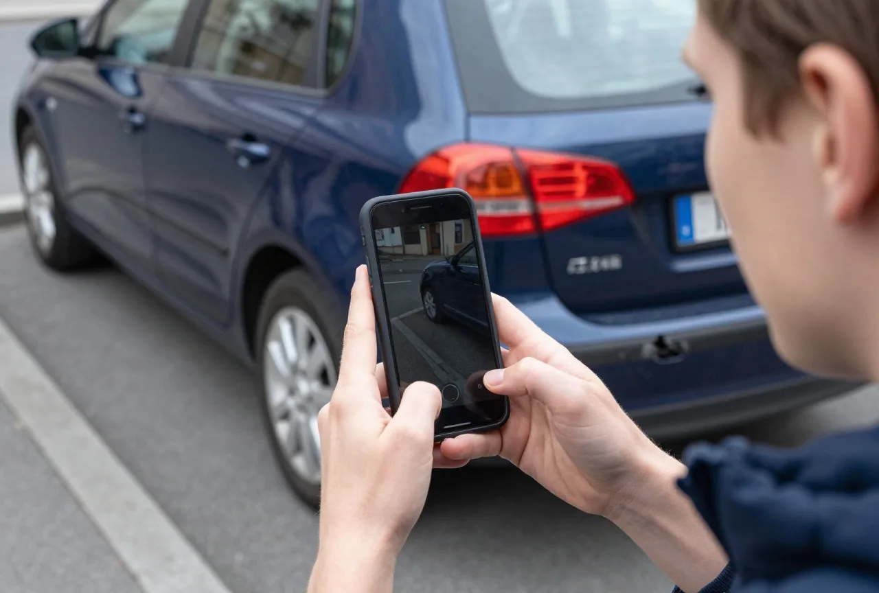 Hände fotografieren mit einem Smartphone eine eingedrückte Heckstoßstange eines dunkelblauen Autos