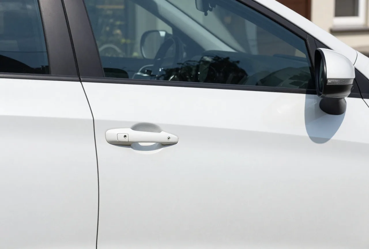 Ein kleiner Kratzer und eine flache Delle an der Seitentür eines weißen Autos in einer sonnigen Einfahrt