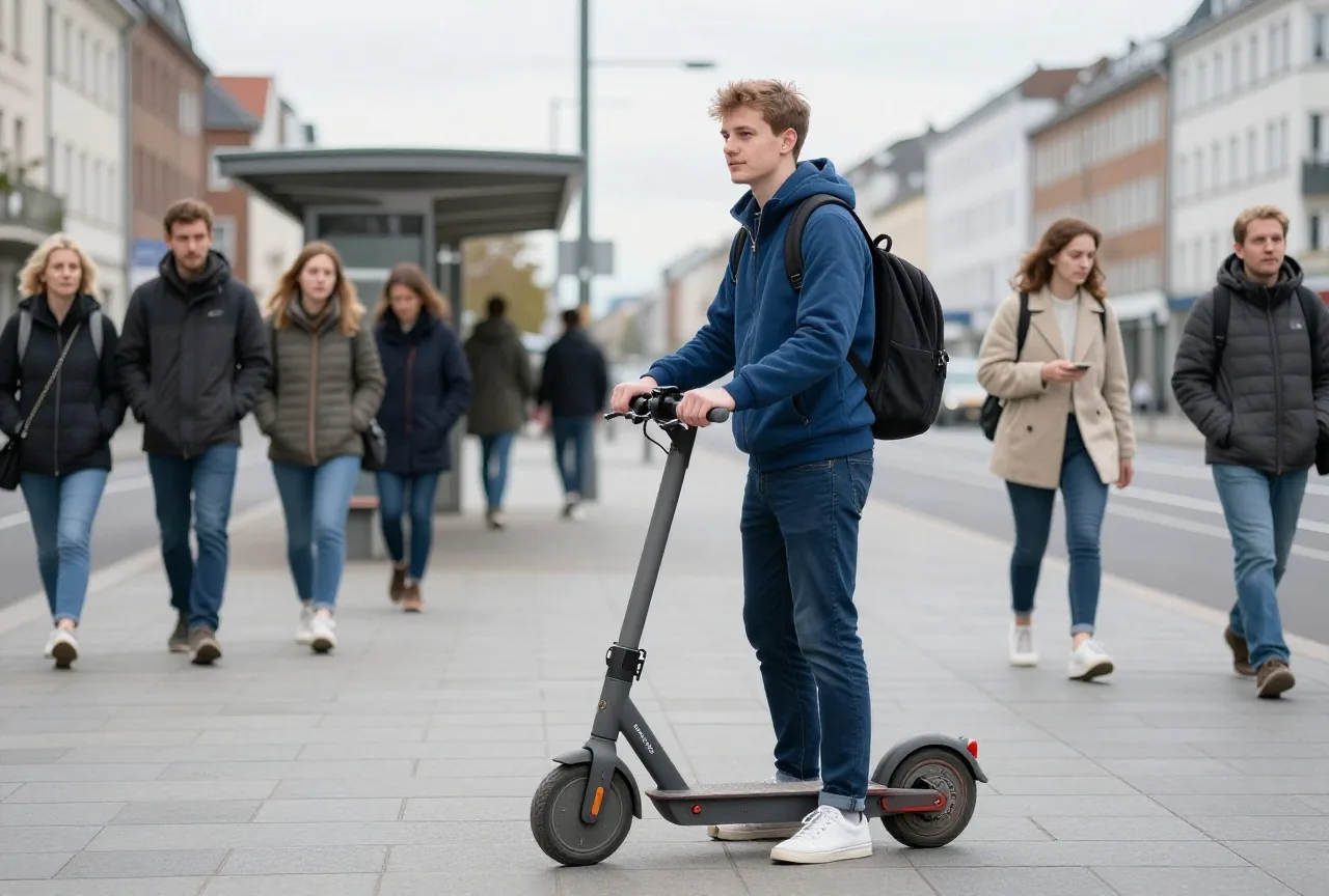 Ein junger Mann in den Zwanzigern steht mit einem zusammengeklappten Elektroroller an einer Straßenbahnhaltestelle