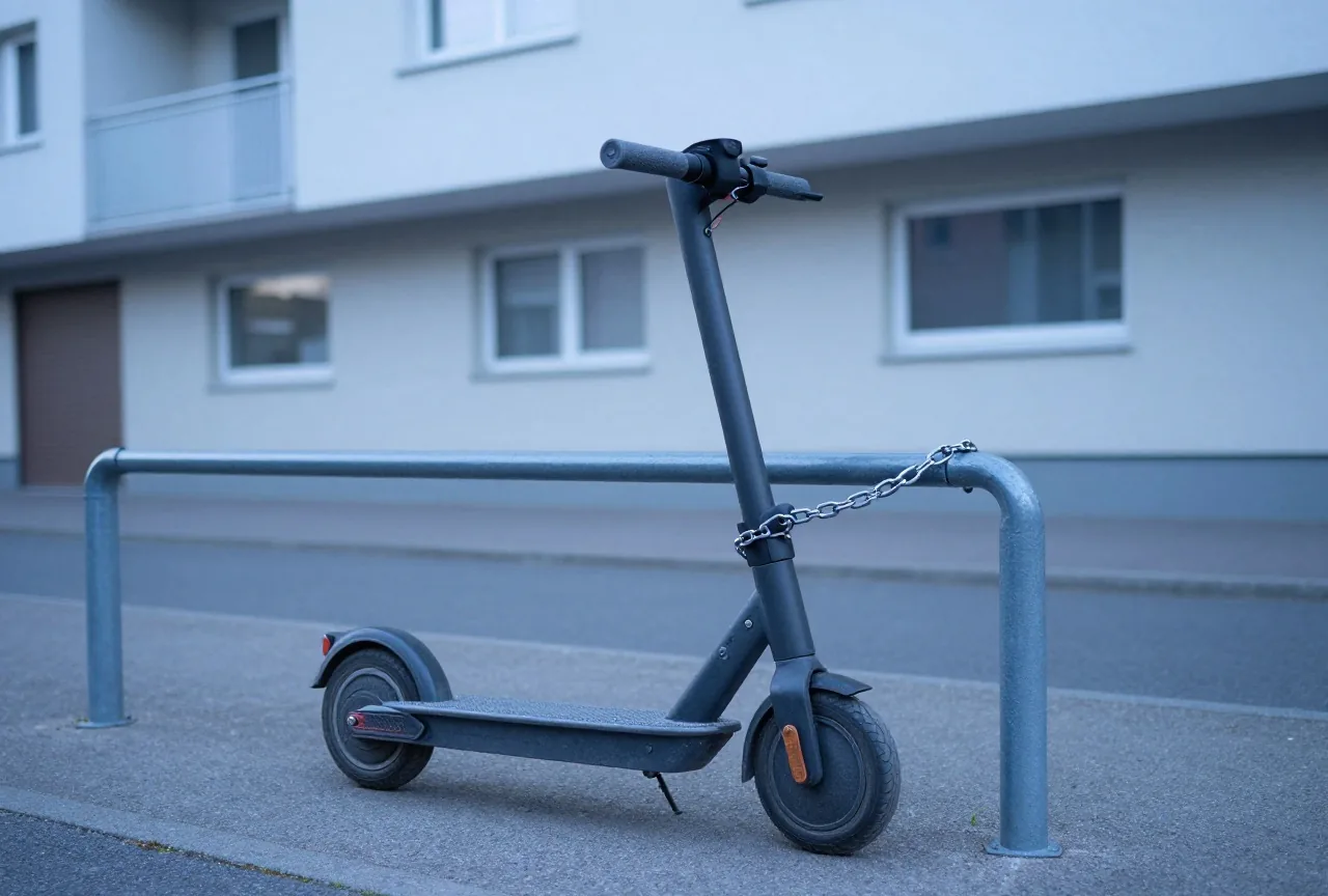 Ein Elektroroller ist mit einer schweren Kette an einem Fahrradständer vor einem Wohnhaus angeschlossen