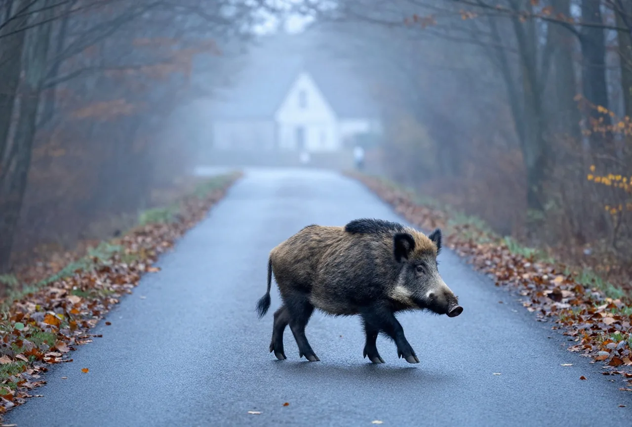 Ein Wildschwein überquert im Morgennebel eine schmale Waldstraße, auf dem nassen Asphalt liegt Herbstlaub