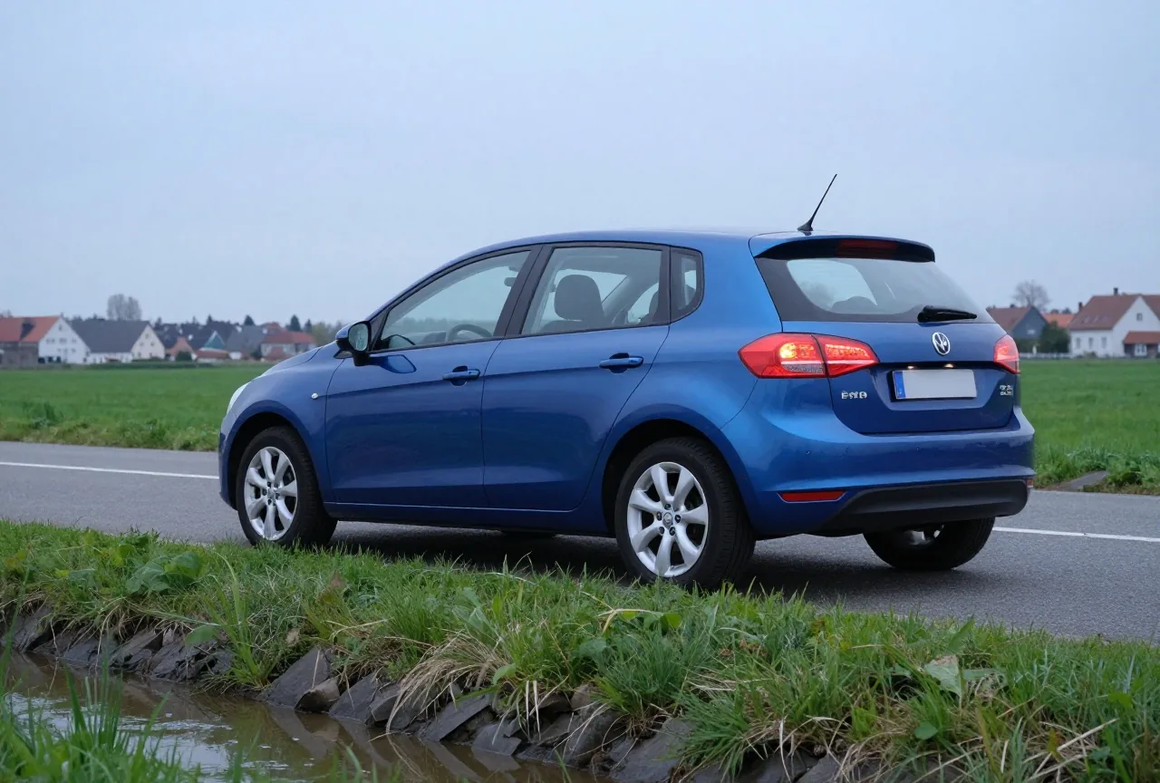 Ein Kleinwagen steht mit eingeschaltetem Warnblinker auf dem Grünstreifen einer Landstraße neben einem flachen Graben