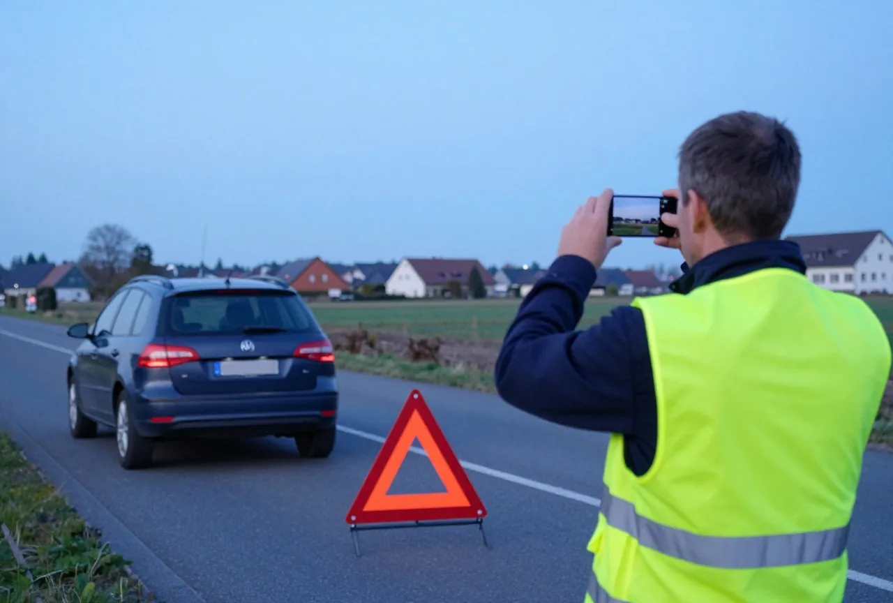 Ein Warndreieck auf einer Landstraße hinter einem Auto, ein Mann in Warnweste fotografiert die Unfallstelle in der Dämmerung
