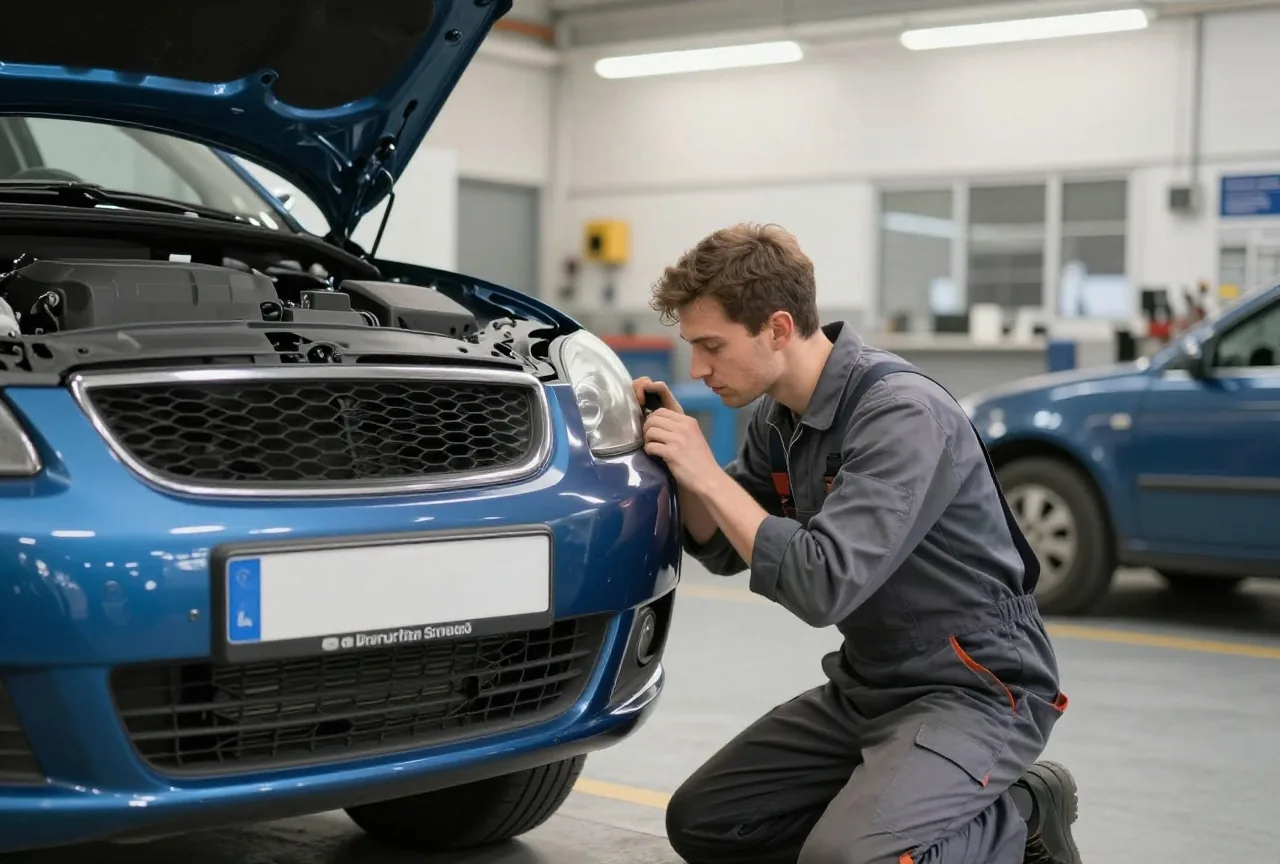 Ein Mechaniker in grauem Overall prüft in einer sauberen Werkstatt den eingedrückten vorderen Kotflügel eines Autos