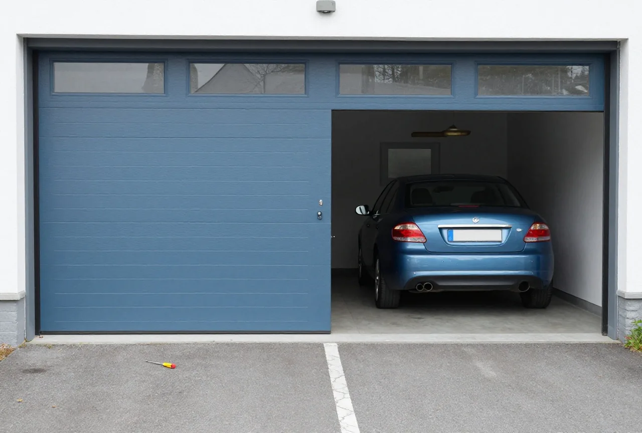 Eine private Doppelgarage mit einem Auto darin und einem freien Stellplatz davor, auf einem Regal liegt ein Schraubendreher