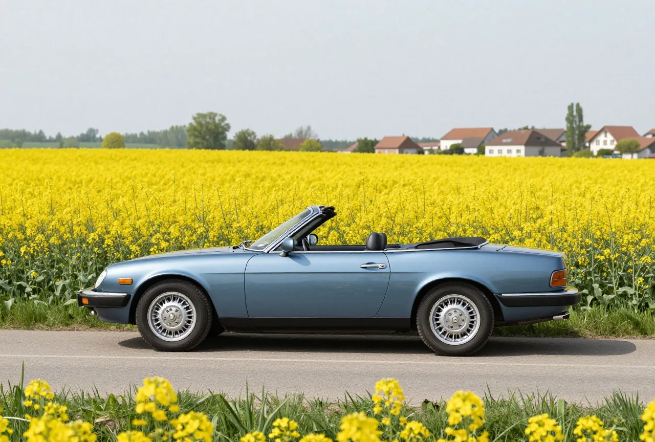 Ein klassisches Cabrio mit offenem Verdeck parkt im Frühling auf einem Feldweg zwischen blühenden Rapsfeldern