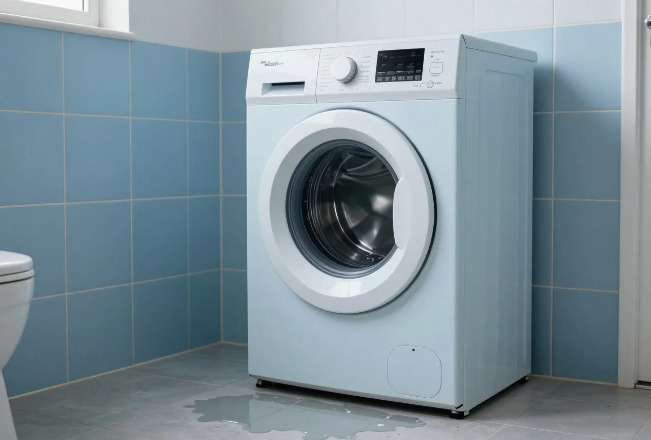 Eine Waschmaschine in einem kleinen gefliesten Bad, davor eine Wasserpfütze auf dem Boden