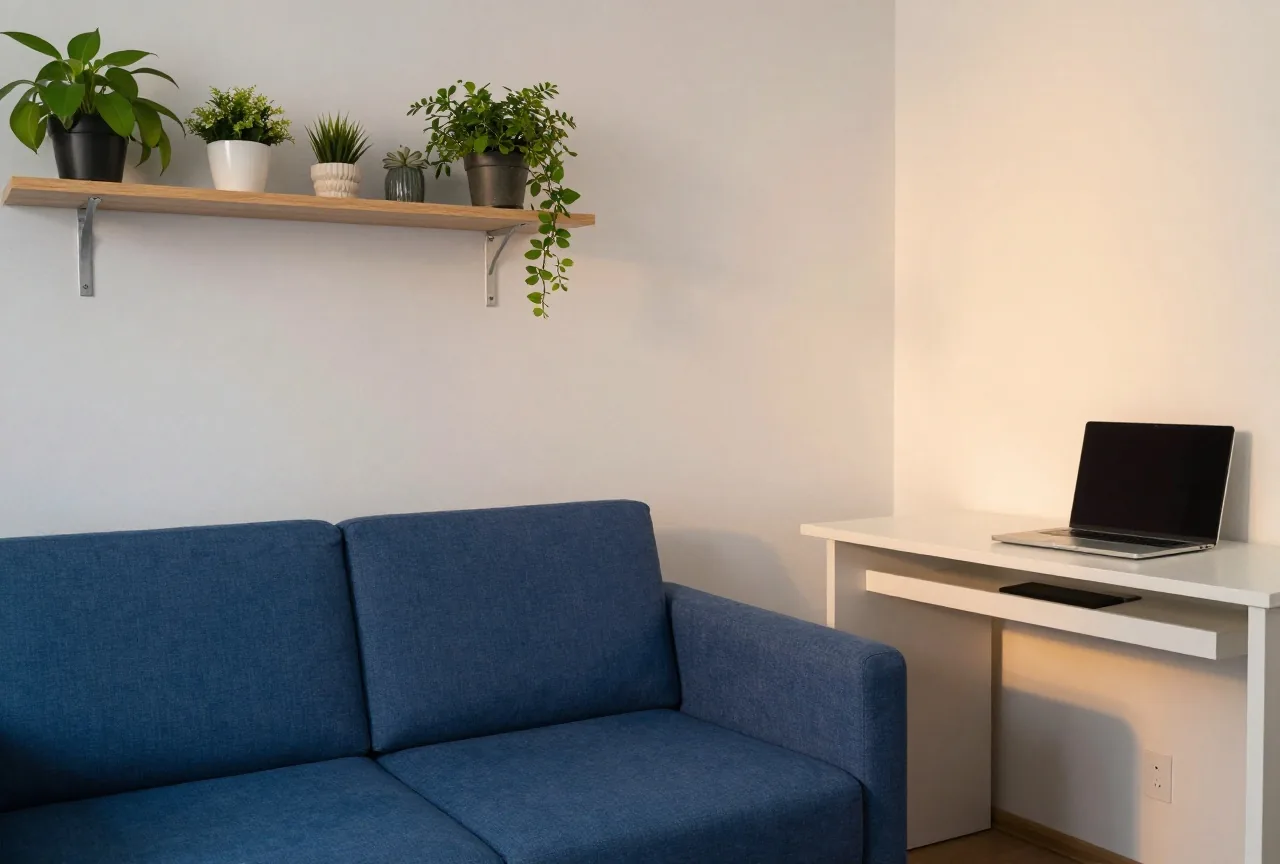 Ein frisch eingerichtetes kleines Wohnzimmer mit Sofa, Regal mit Pflanzen und Schreibtisch mit zugeklapptem Laptop