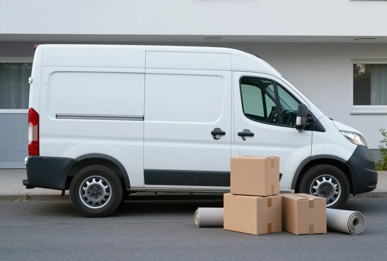 Ein kleiner Umzugswagen vor einem Mehrfamilienhaus, davor gestapelte Umzugskartons und ein eingerollter Teppich auf dem Gehweg