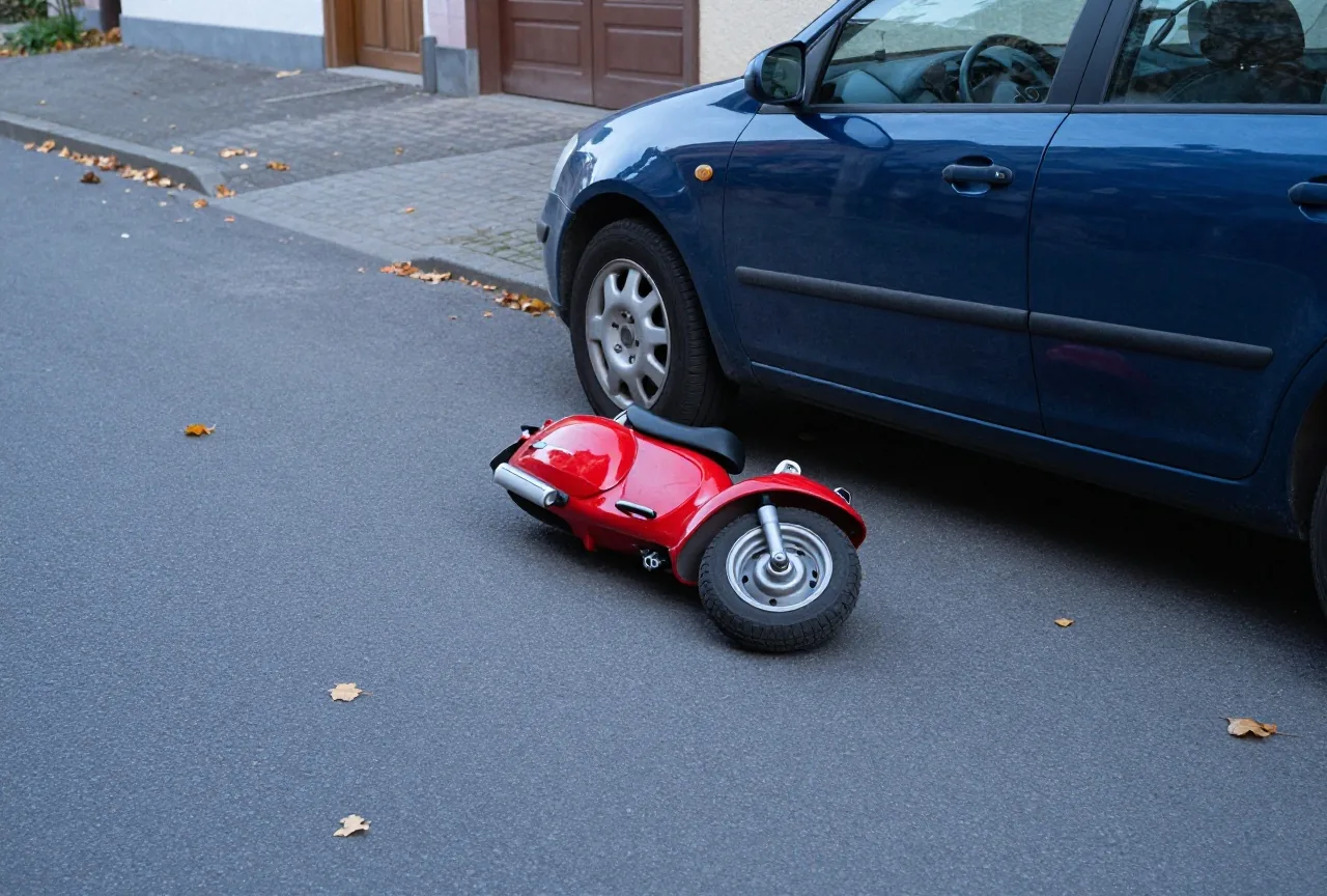 Ein kleiner roter Roller liegt neben einem geparkten dunkelblauen Auto in einer ruhigen Wohnstraße mit Herbstlaub