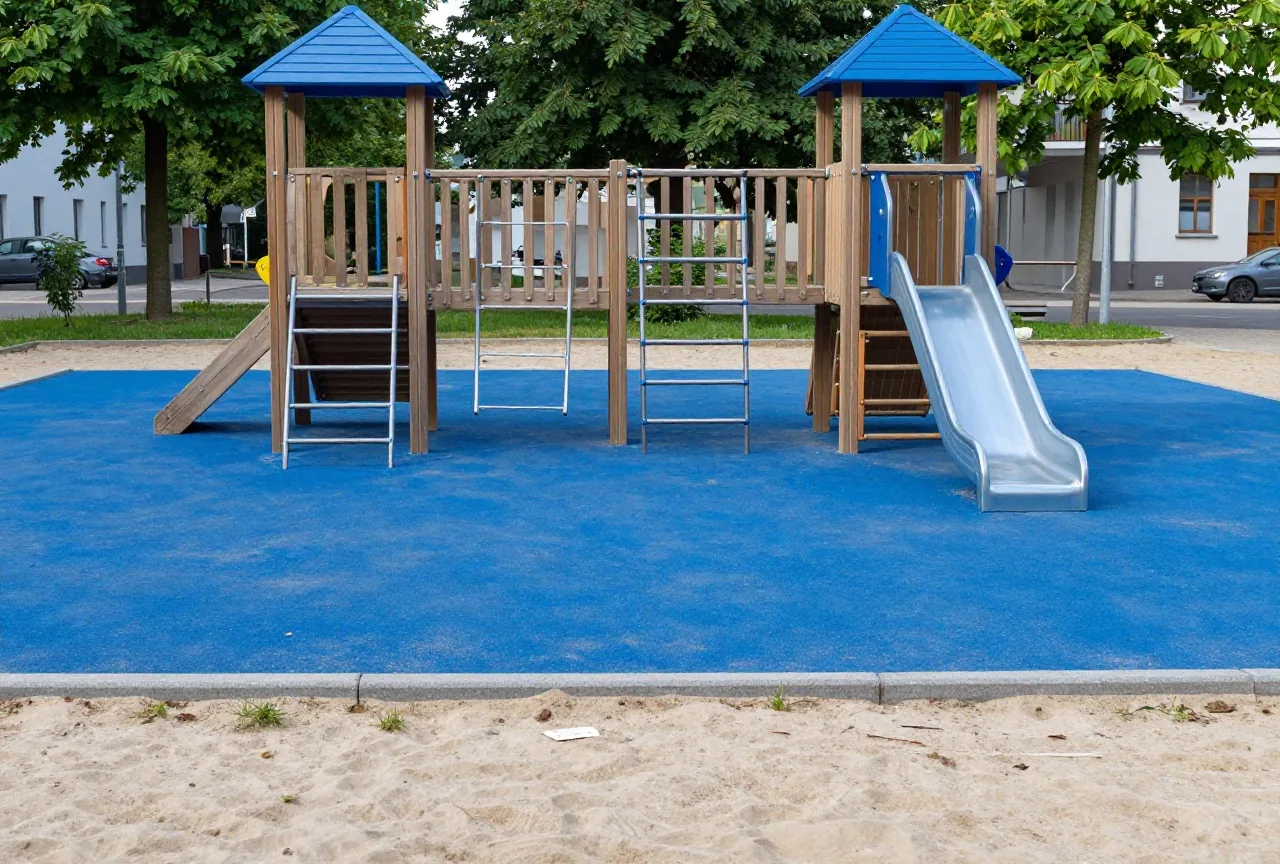 Ein leerer Spielplatz mit Klettergerüst aus Holz und Rutsche an einem sonnigen Morgen