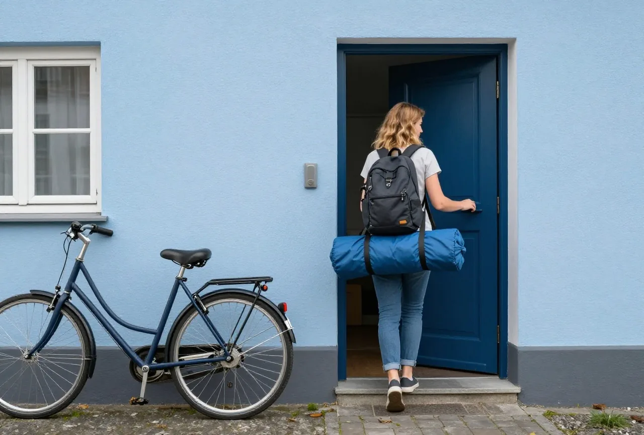Eine junge Frau von etwa achtzehn Jahren trägt Rucksack und Schlafsack aus der Haustür, an der Wand lehnt ein Fahrrad