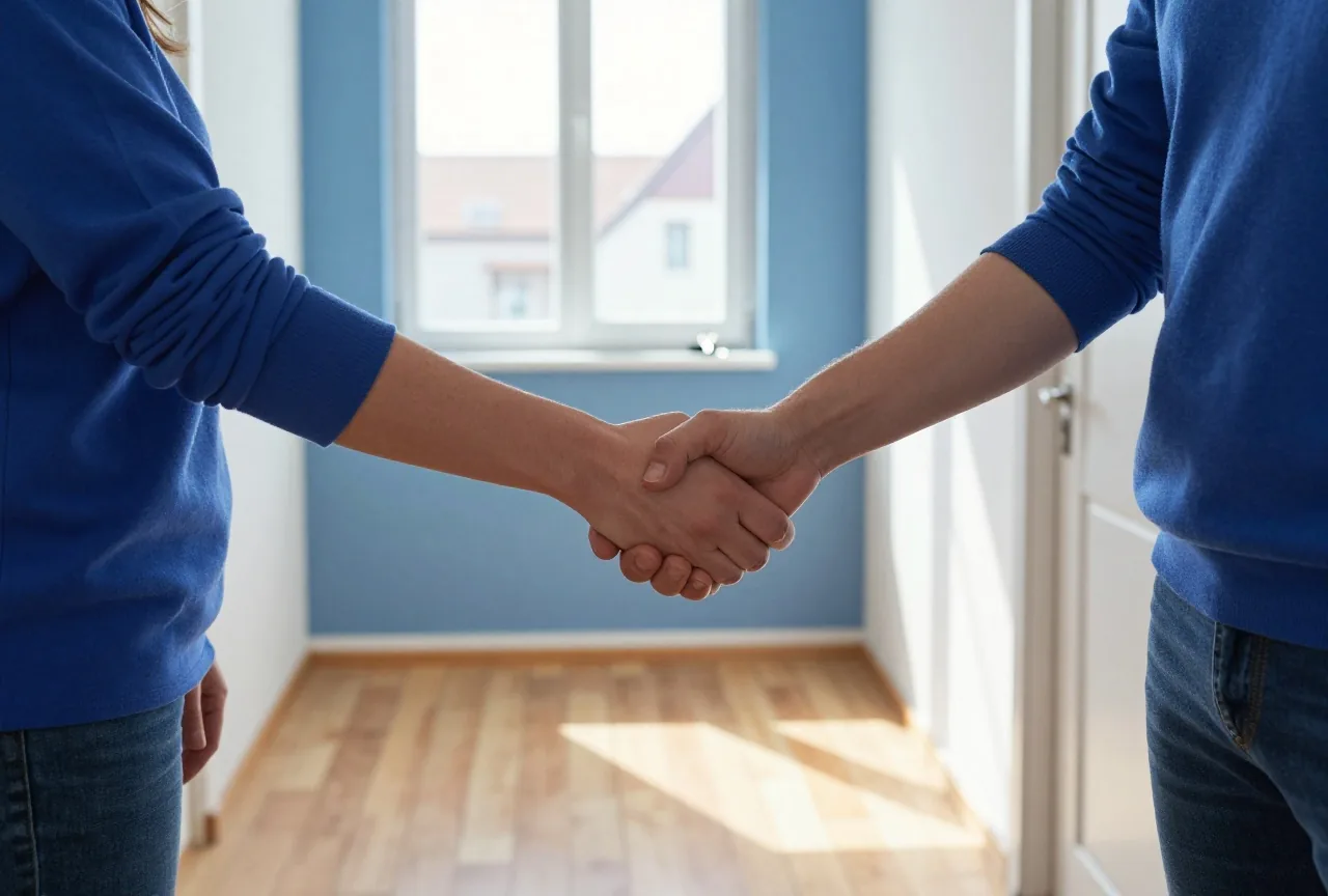 Zwei Erwachsene geben sich im Flur eines leeren Hauses die Hand, auf der Fensterbank liegt ein Schlüsselbund