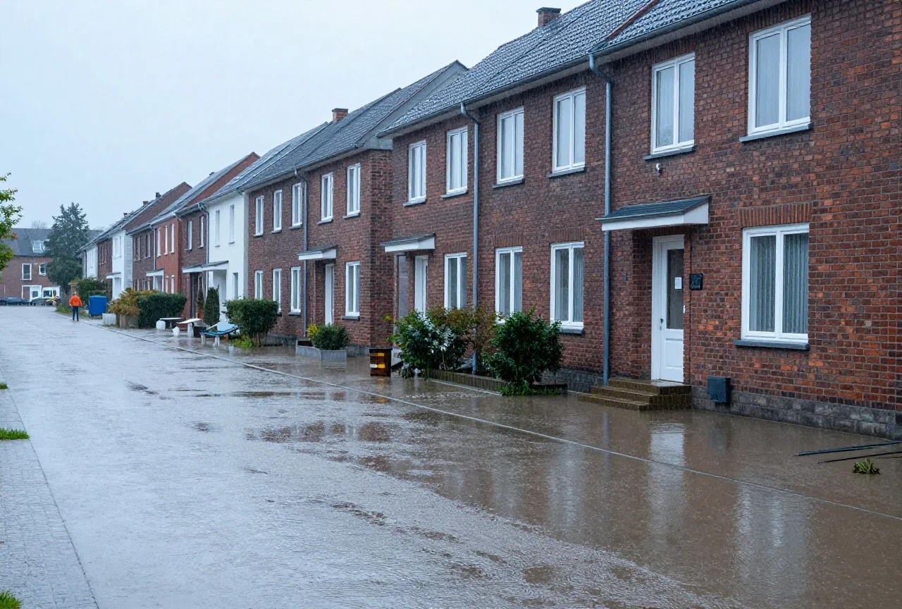 Starkregen überflutet eine Wohnstraße, das Wasser reicht bis an die Eingangsstufen eines Backsteinhauses