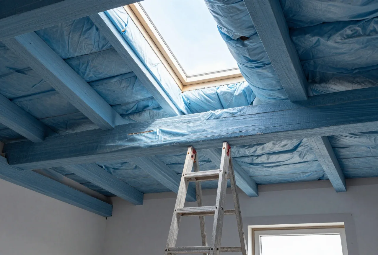 Ein Dachboden im Umbau mit freiliegenden Balken, Dämmrollen und einer Leiter im Licht eines Dachfensters