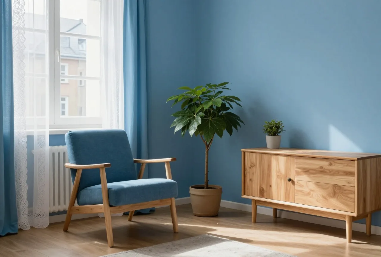 Ein helles Wohnzimmer einer kleinen Wohnung mit Lesesessel, Zimmerpflanze und Holzkommode im Nachmittagslicht