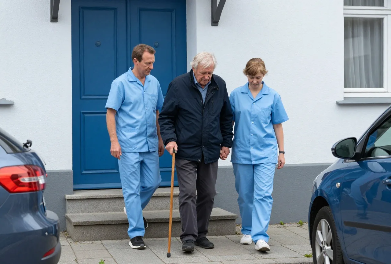 Ein Mann in den Siebzigern mit Gehstock wird von einer Pflegekraft in hellblauer Kleidung die Eingangsstufen hinuntergeführt