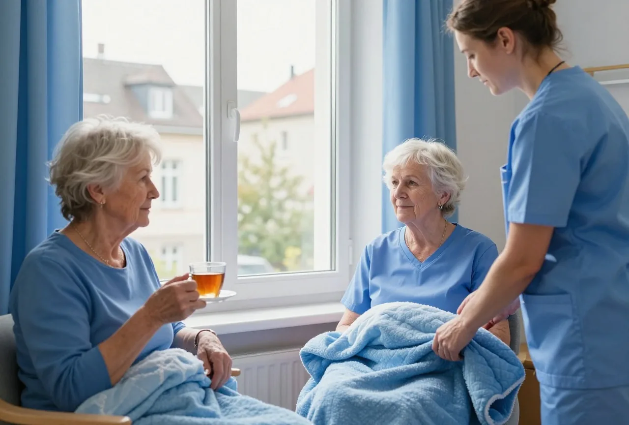 Eine Frau in den Achtzigern sitzt mit einer Tasse Tee am Fenster, eine Pflegerin legt ihr eine Decke zurecht