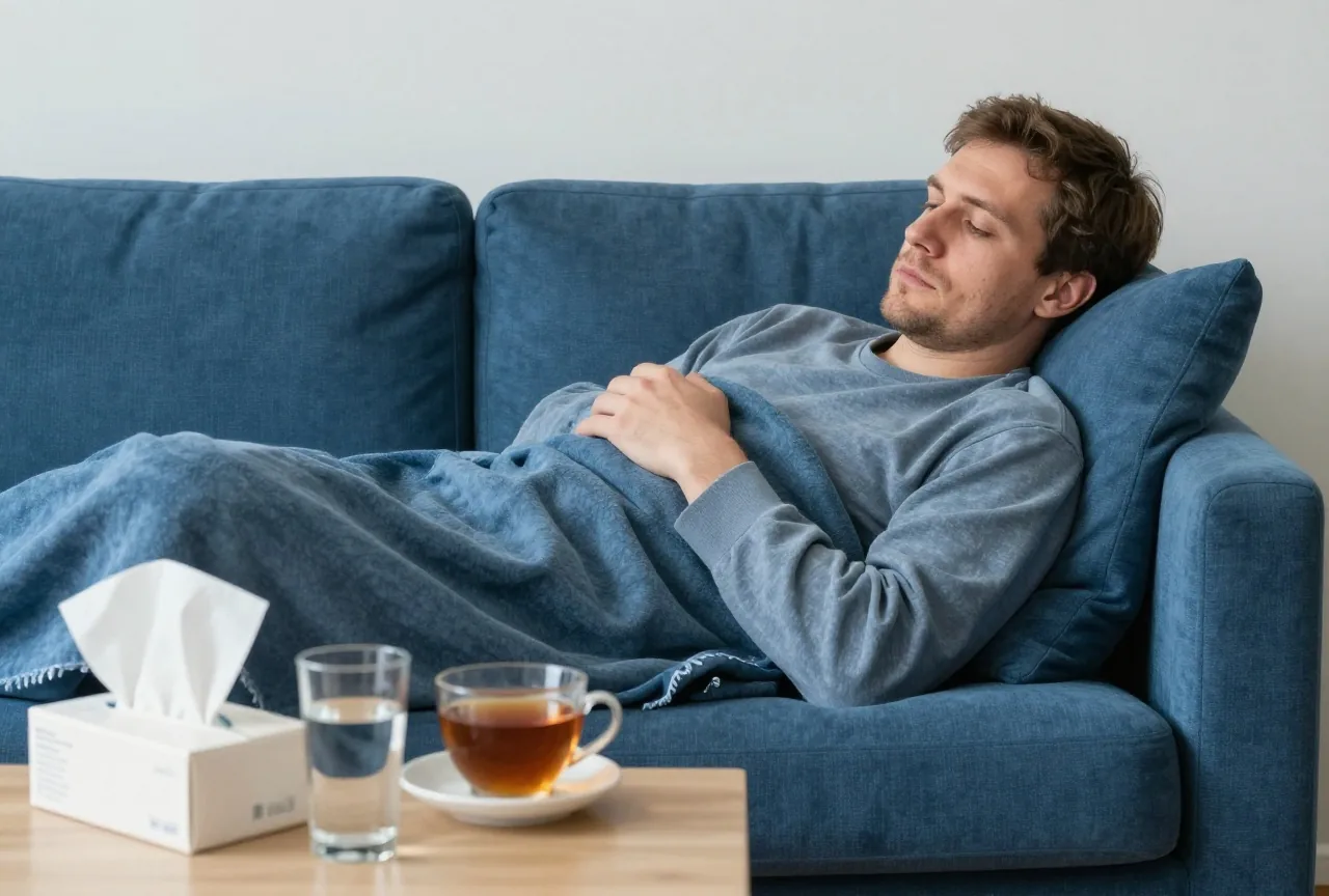 Ein Mann in den Dreißigern ruht mit einer Tasse Tee unter einer Decke auf dem Sofa, daneben Taschentücher und Wasser
