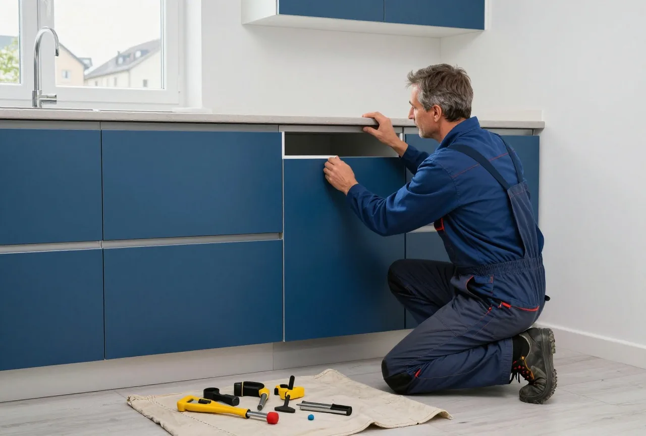 Ein Handwerker in den Fünfzigern montiert einen Küchenschrank in einer hellen Wohnung, Werkzeug liegt auf einem Tuch