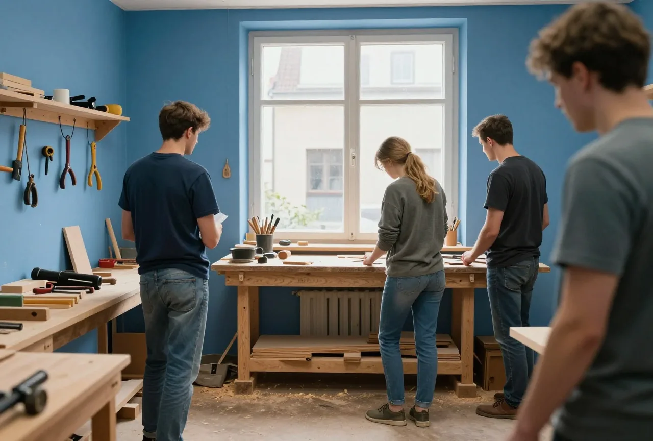 Eine kleine Tischlerwerkstatt mit Hobelbank, Werkzeug an der Wand und Hobelspänen auf dem Boden