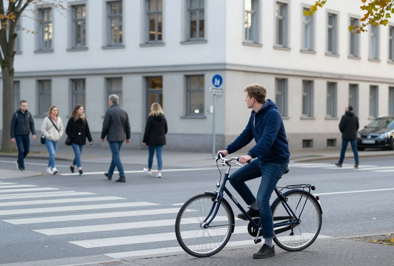Ein junger Mann Anfang zwanzig wartet mit dem Fahrrad an einer Kreuzung vor einem Universitätsgebäude