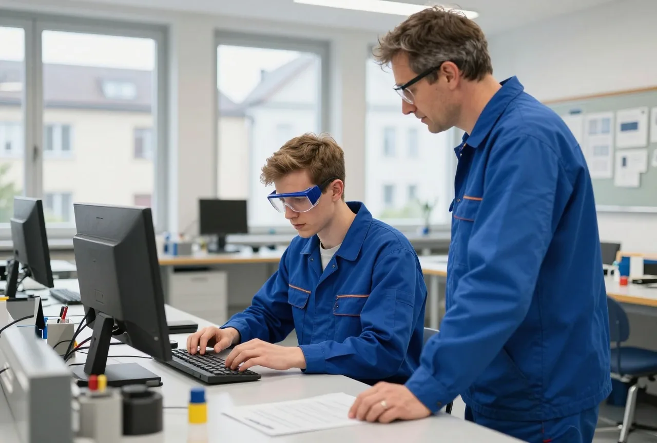 Ein junger Auszubildender mit Schutzbrille an einer Werkbank, neben ihm ein Ausbilder in den Fünfzigern