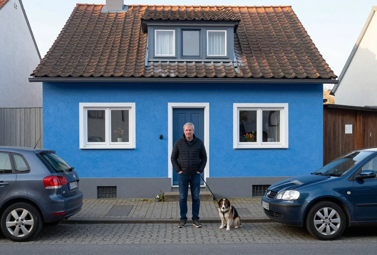 Ein Mann um die vierzig steht mit seinem Hund an der Leine vor einem Reihenhaus neben einem geparkten Auto
