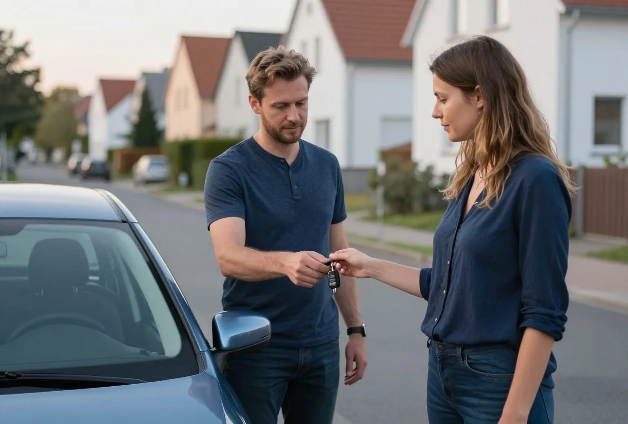 Ein Mann und eine Frau um die dreißig stehen in einer Wohnstraße neben einem kleinen Auto, sie hält den Autoschlüssel