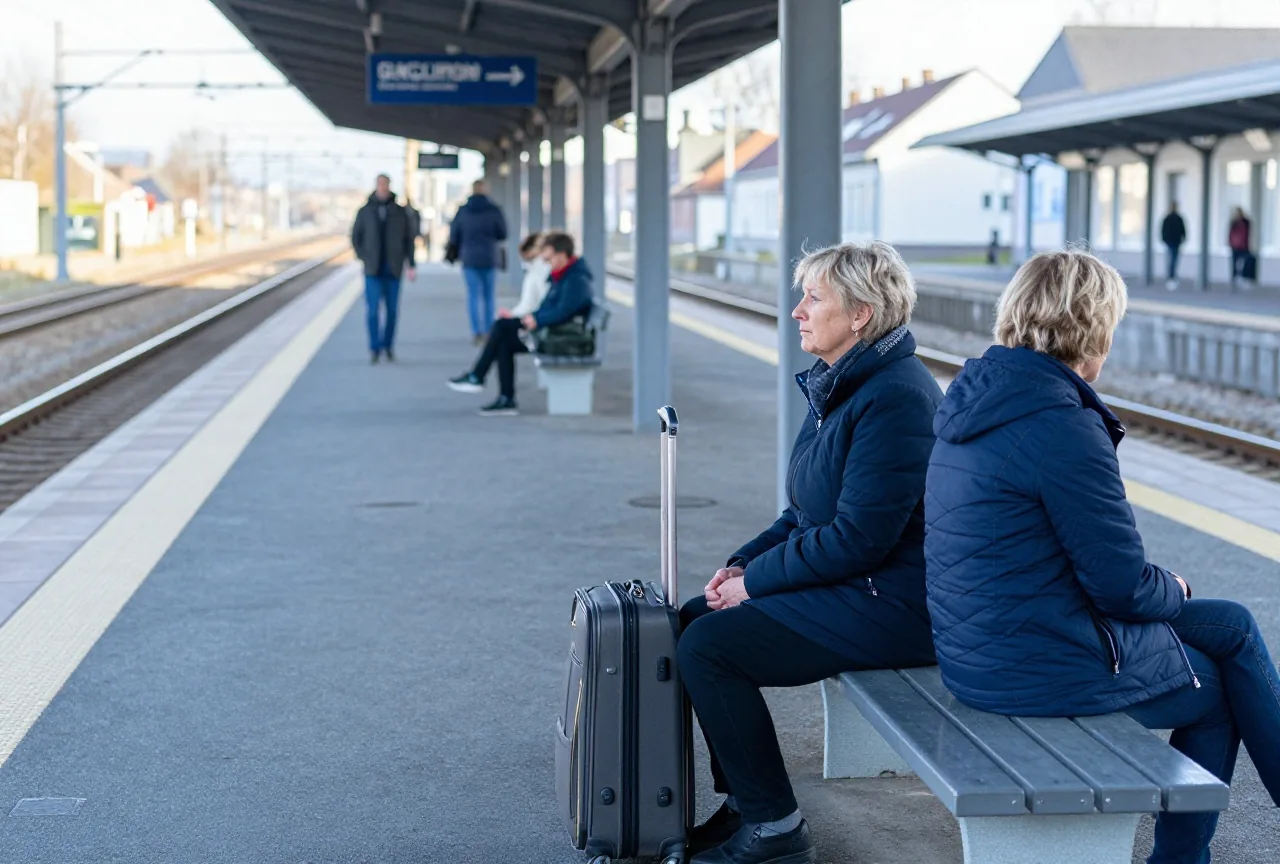 Eine Frau um die sechzig sitzt mit einem kleinen Koffer auf einer Bank an einem ruhigen Bahnsteig