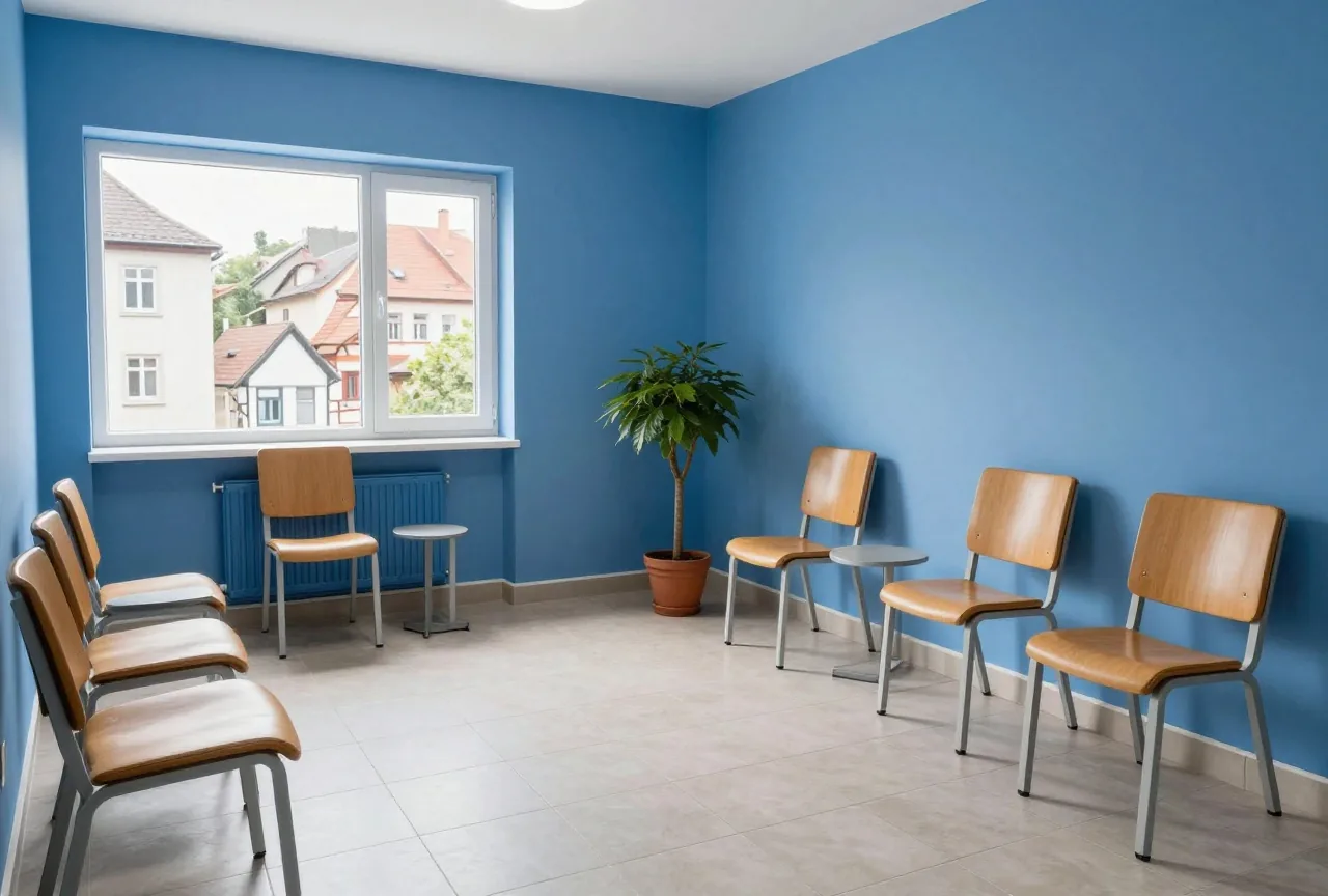Ein heller Wartebereich einer kleinen Praxis in einer Mittelmeerstadt mit Fliesenboden, Holzstühlen und einer Topfpflanze