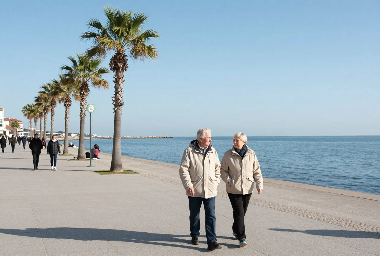 Ein älteres Paar um die sechzig spaziert in leichten Jacken über eine sonnige Strandpromenade mit Palmen