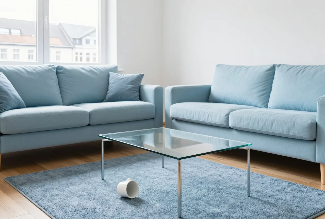 Ein helles Wohnzimmer einer Ferienwohnung mit Sofa und Teppich, auf dem eine umgekippte Kaffeetasse liegt