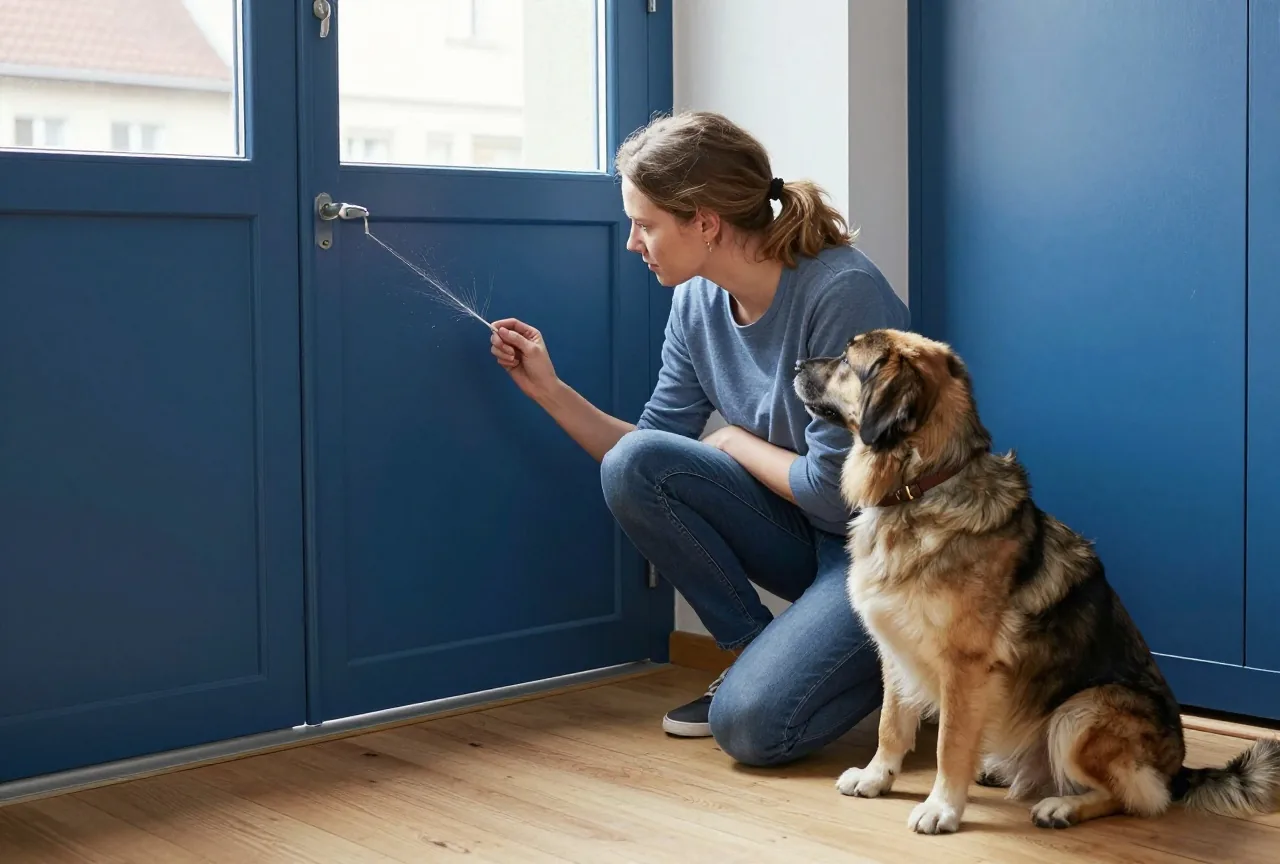 Eine Frau um die dreißig kniet auf einem Holzboden und betrachtet Kratzer am Türrahmen, neben ihr sitzt ihr Hund