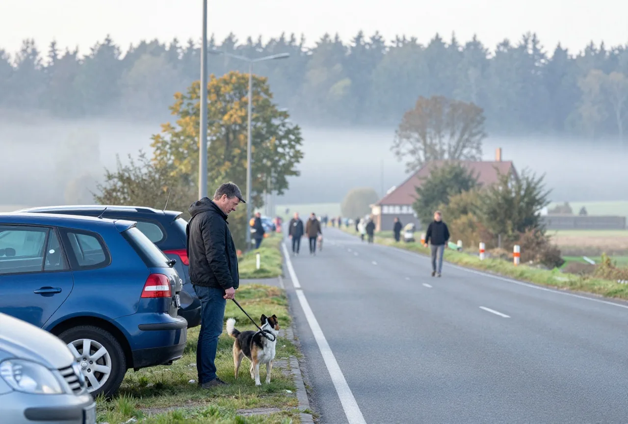 Ein Mann um die fünfzig steht mit seinem Hund an der Leine neben einem Auto an einer Landstraße am Waldrand
