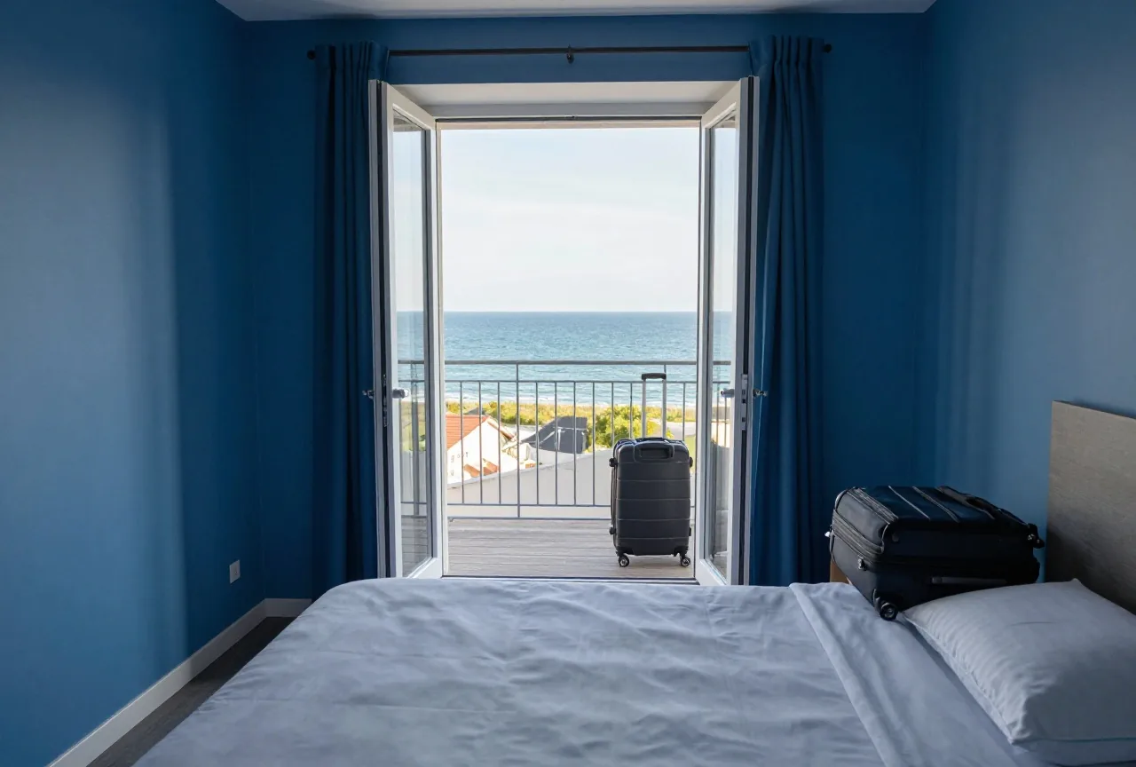 Ein leeres Hotelzimmer mit gemachtem Bett und offener Balkontür zum Meer im Nachmittagslicht