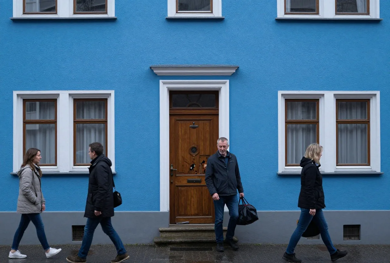Ein Mann in den Fünfzigern kommt an einem regnerischen Abend mit Reisetasche an einem Reihenhaus mit beschädigter Haustür an